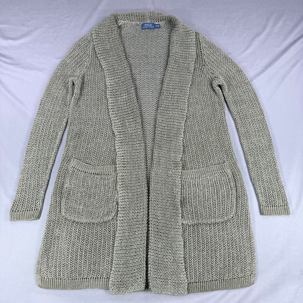 Polo Ralph Lauren 100% Linen Open Front Cardigan Women's XS Olive Green Long